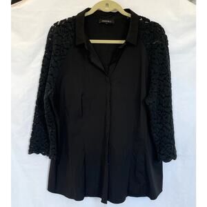 Lafayette 148 Black Button Down Top Cotton Lace Sleeves, Size 14, XL
